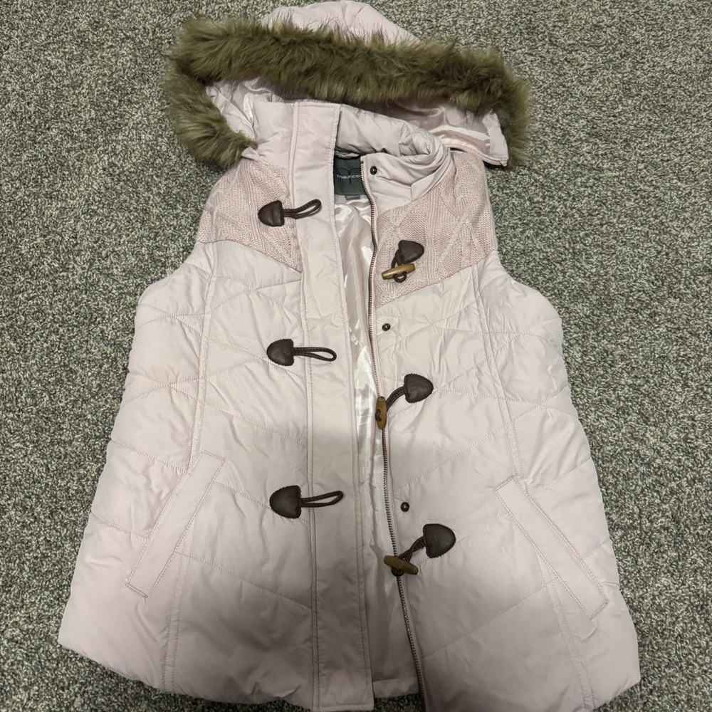 Maurices Pink Puffer Vest with Faux Fur Hood